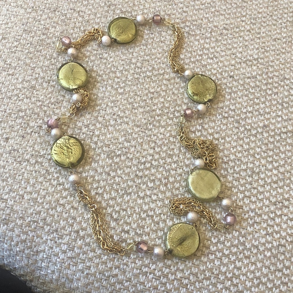 Vintage Premier Designs Olive Green Foiled Glass Bead Necklace Gold Tone